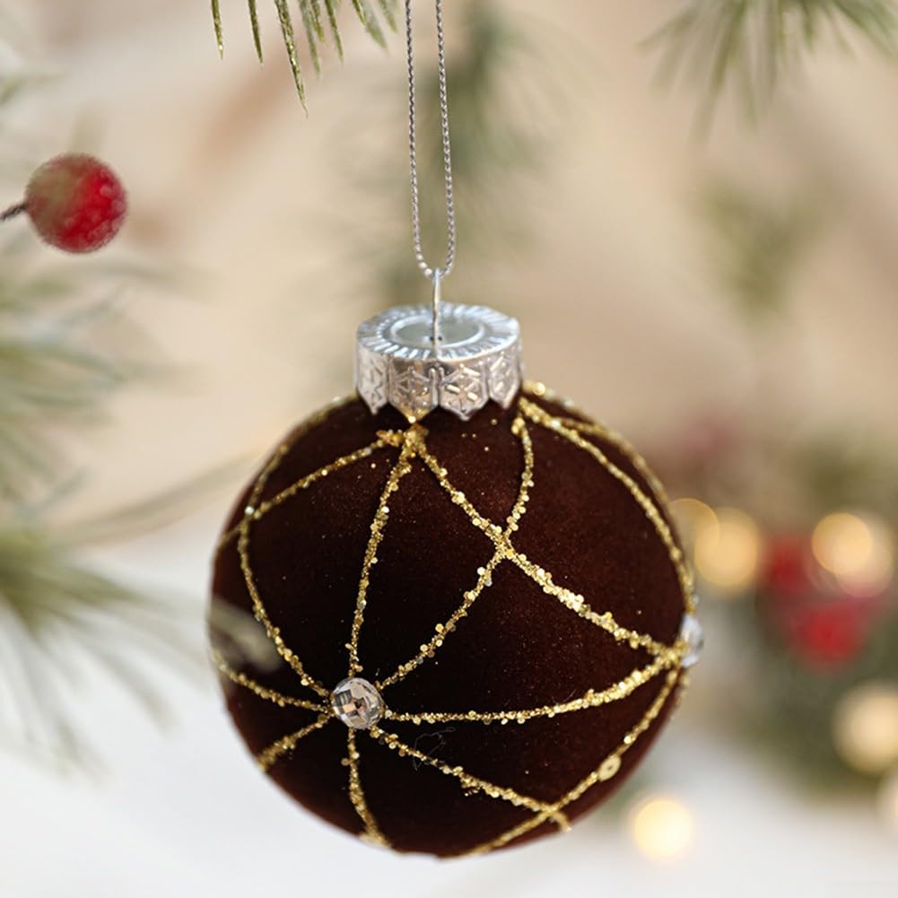 9 palline per albero di Natale in velluto, 8 cm, ornamenti floccati da appendere, eleganti e infrangibili, per albero di Natale, feste (marrone)