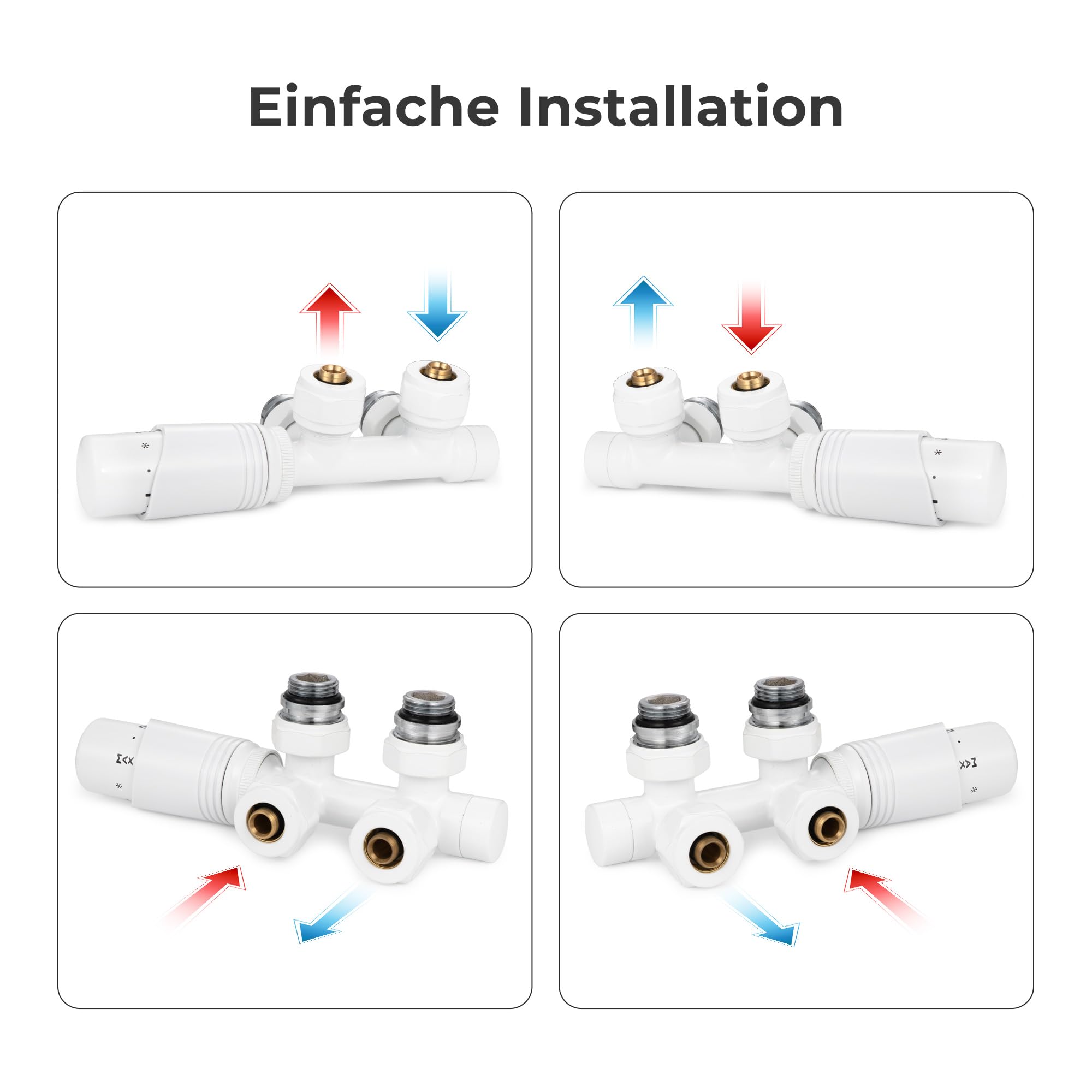 VANCOCO Weiß Thermostat Multiblock Hahnblock Eckdurchgang 50mm Nabenabstand | Multiblock Ventil-Armaturen Set mit Eurokonus, passend für Ø16×2 mm Kunststoffrohre & Ø15mm Kupferrohre für Heizkörper