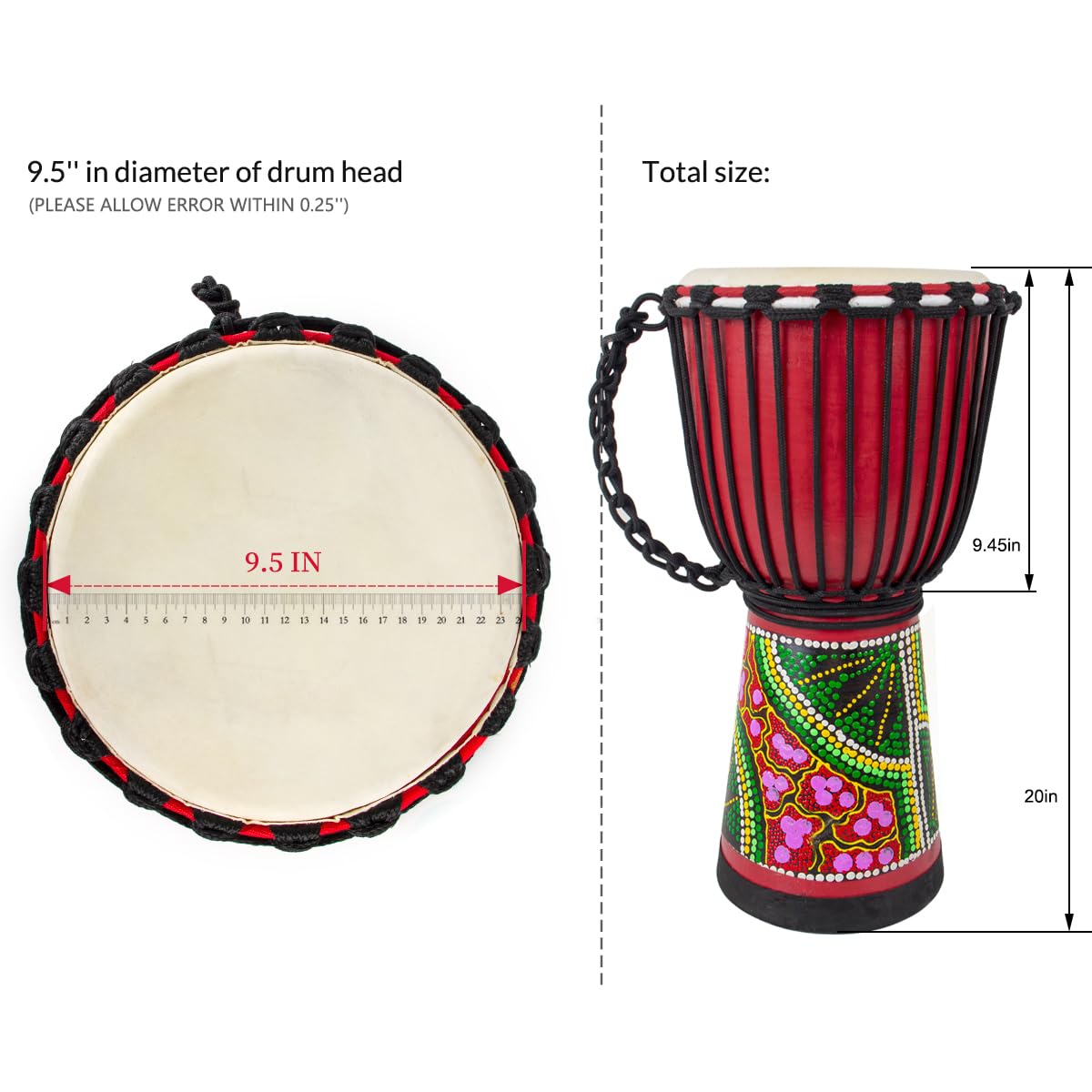 Djembes Drum AKLOT Afrikanische Trommel, handbemalt, 24,1 x 50,8 cm, Mahagoni-Ziegenleder, Schlagzeugfell für Erwachsene, Anfänger, Anfänger