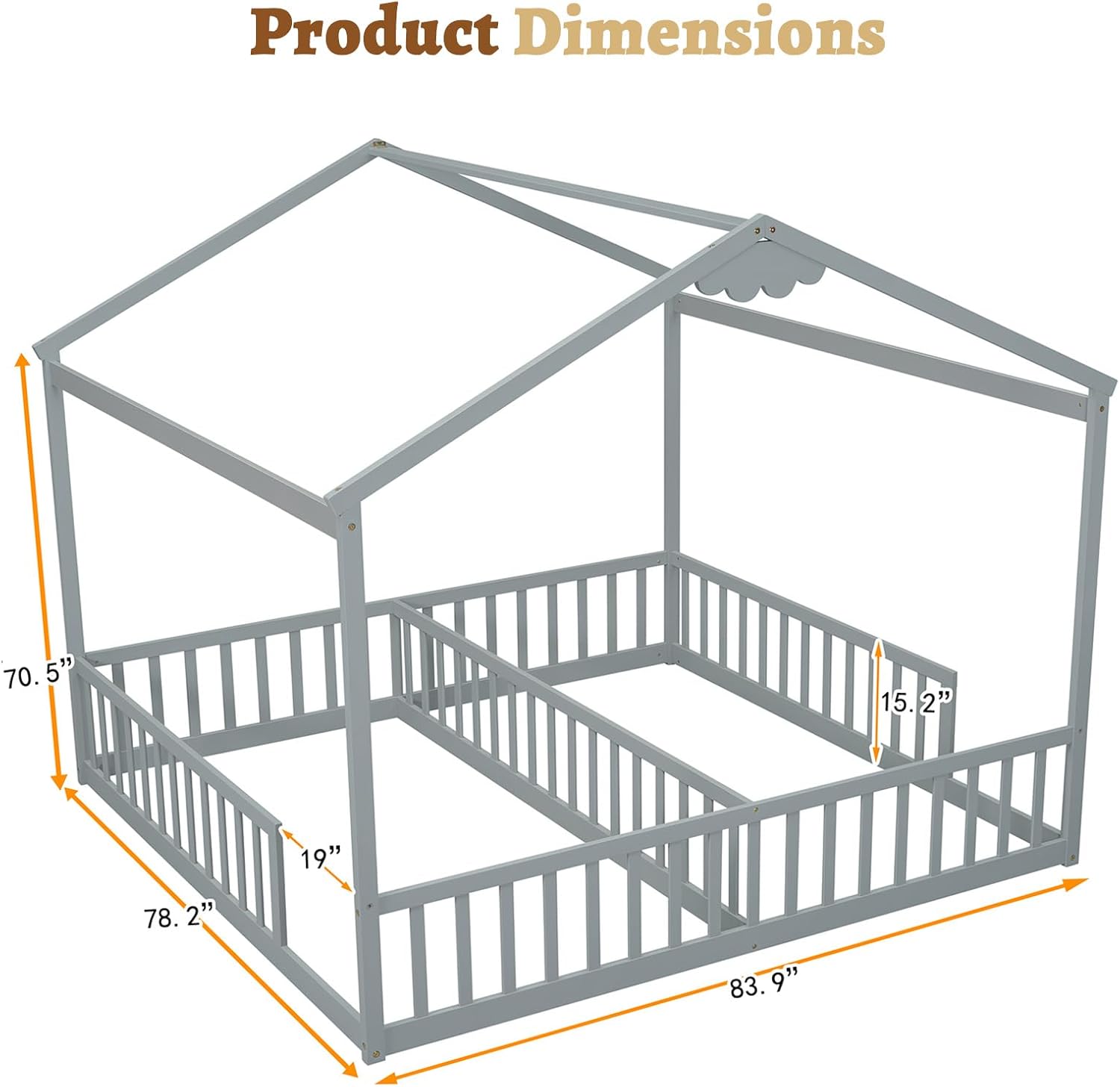 Double Montessori Twin House-Style Floor Bed Frame with Fence and Roof for Kids Teens Boys Girls, Toddler Bed,Easy Assemble,No Box Spring Needed (Grey)
