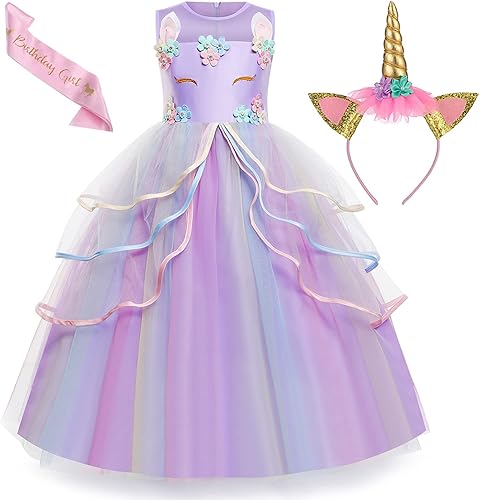 Chektin - Vestido largo de unicornio para niñas, disfraz para concurso de princesas, fiesta cumpleaños, con diadema de unicornio y de satén