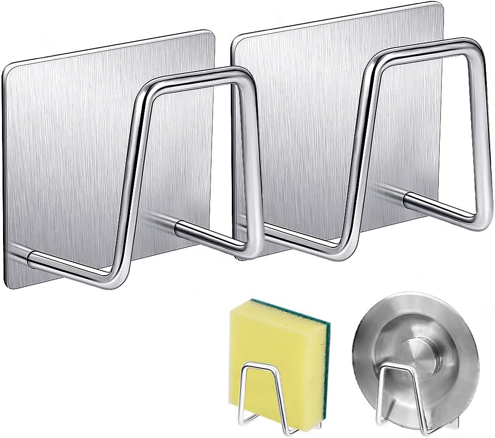 Prudiut 2 PCS Adhesive Sponge Holder for Kitchen Sink, Stainless Steel Sponge Holder Sink Caddy Waterproof Kitchen Sink Sponge Holder Quick Drying Sponge Holder for Kitchen Accessories