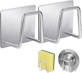 Prudiut 2 PCS Adhesive Sponge Holder for Kitchen Sink, Stainless Steel Sponge Holder Sink Caddy Waterproof Kitchen Sink Sponge Holder Quick Drying Sponge Holder for Kitchen Accessories