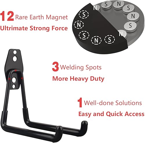 Miniatura 4 de MUTUACTOR Ganchos magnéticos grandes, 2 ganchos de almacenamiento magnéticos súper fuertes para herramientas colgantes, ganchos de almacenamiento