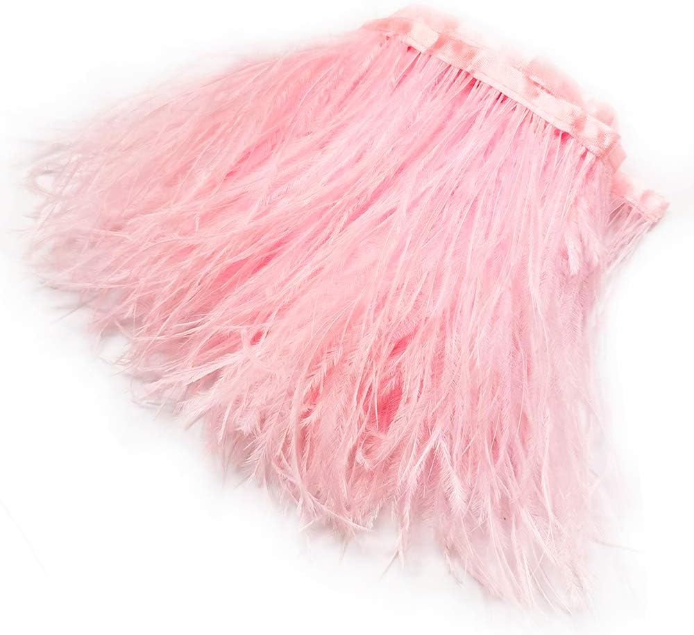 HAPPY FEATHER 2 Yards 5-6inch Pink Ostrich Feathers Trim Fringe for DIY Dress Sewing Crafts Costumes Decoration
