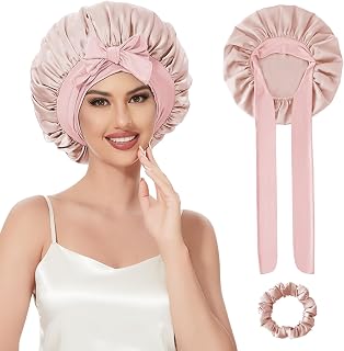 Jumbo Silk Bonnet for Sleeping, Large Silk Bonnet Double Layer Tie Satin Hair Bonnets for Black Sleeping Women Big Satin Lined Bonnet for Curly Hair Dreadlocks Braids Natural showercap