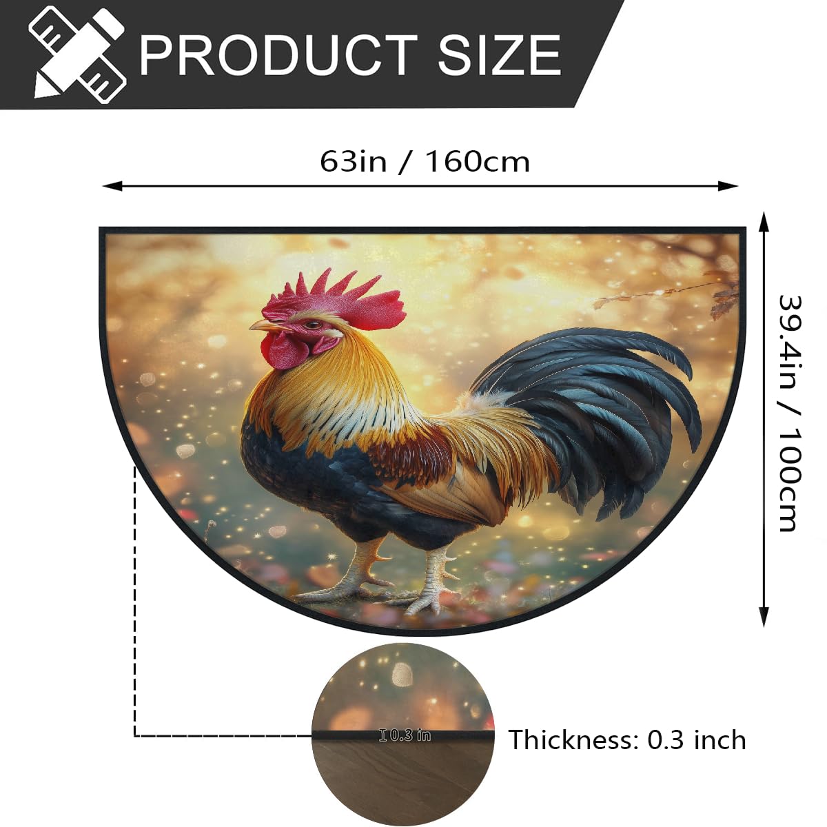 Mexpekil Paillasson demi-rond en demi-lune avec signes du zodiaque coq pour intérieur et extérieur - Lavable - Absorbant la saleté - 100 x 160 cm