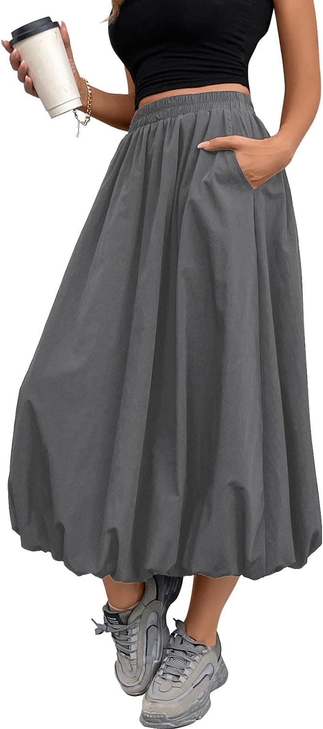 Women's Black Bubble Skirt Elastic Waist Casual Party Y2K Puffy Hem A-line Long Skirts with Pockets