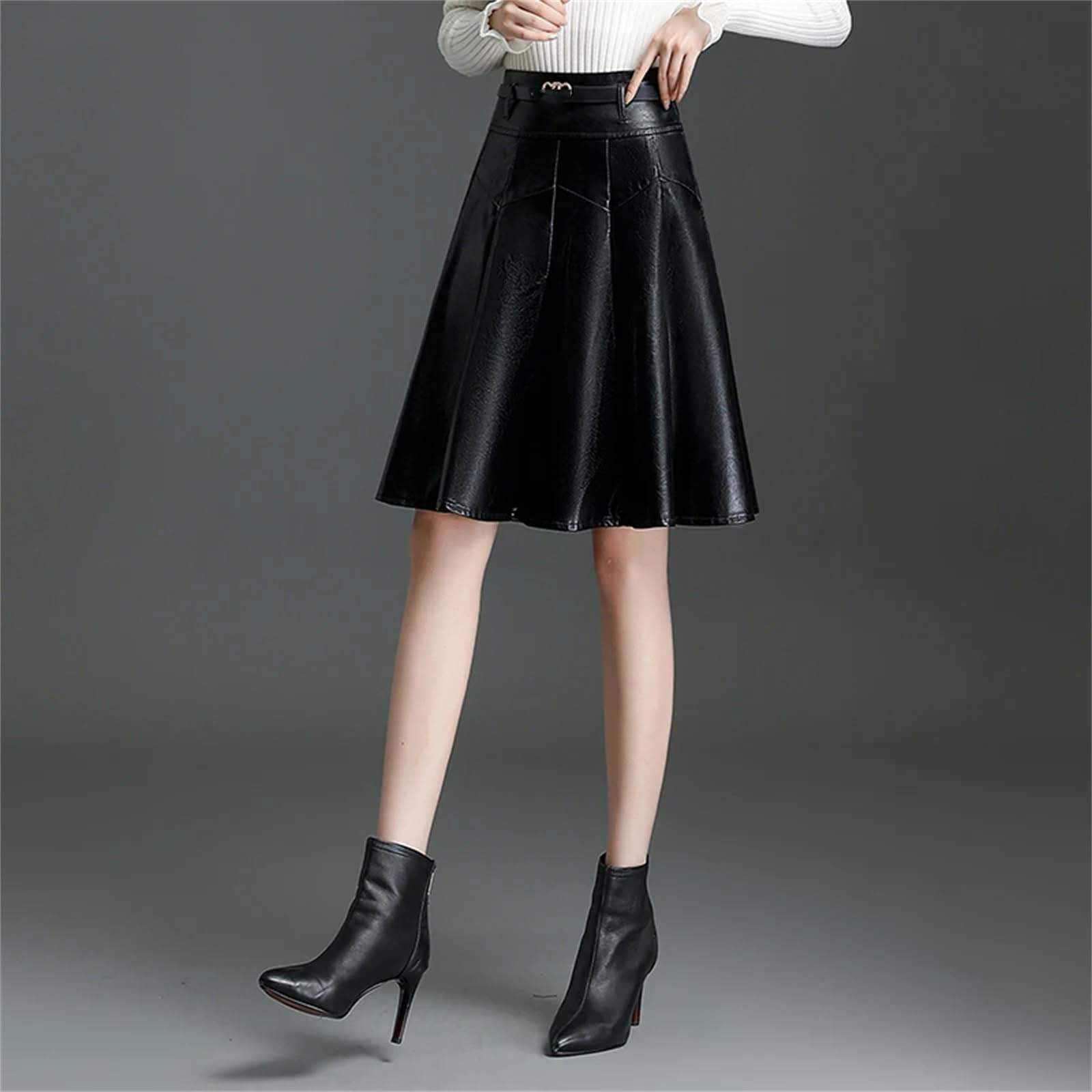 Falda de piel sintética para mujer, para otoño e invierno, cintura alta, elegante, corta, plisada, falda para botas