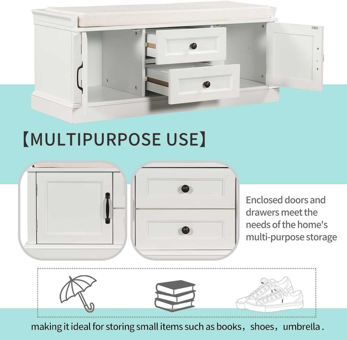 Shoe Storage Bench with Removable Cushion, Doors & Drawers, Padded Seat - Hallway/Entryway Bench (White)