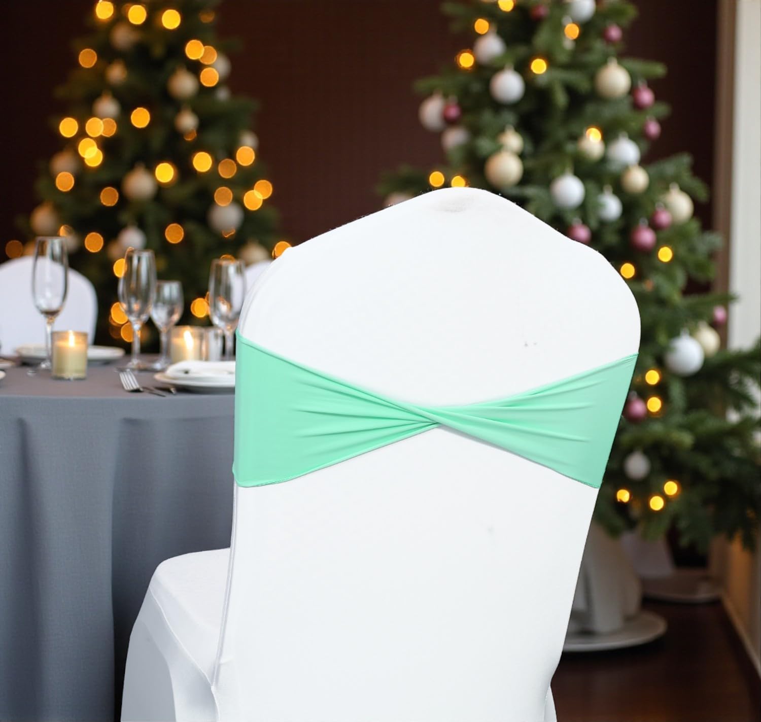 MDS 200 Pack Spandex Chair Sashes Elastic Chair Bands Plain No Buckle - Universal Fit Stretch Bands for Christmas Party, Wedding, Holiday Harvest Dinner, Thanksgiving, New Year Decor - Sea Green