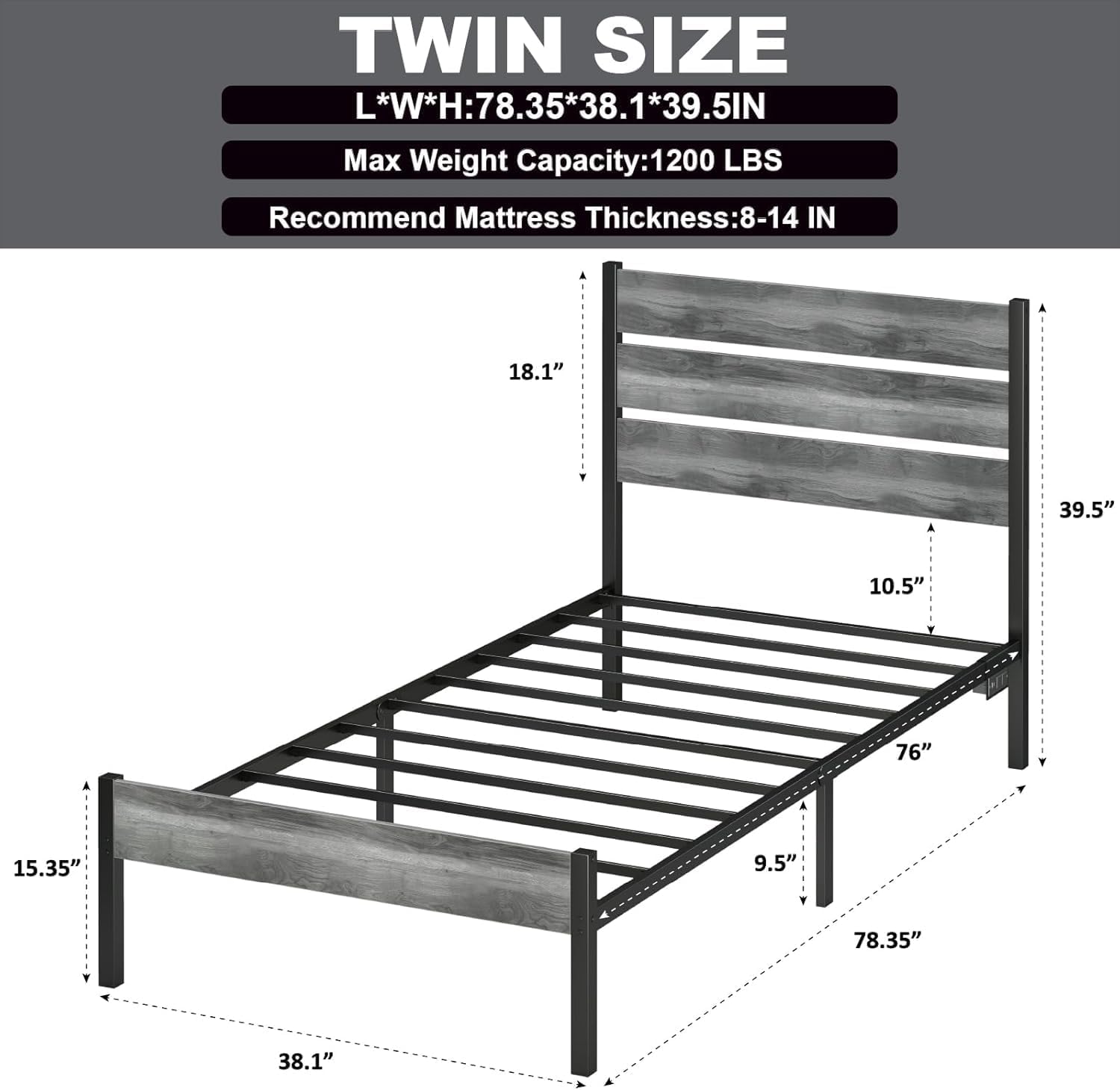 Bed Frame Twin Size with USB Charging Station, LED Light Metal Bed Frame with Wooden Headboard, Metal Platform Bed with Under Bed Storage, Easy Assembly, No Box Spring Needed, Noise Free(Grey)