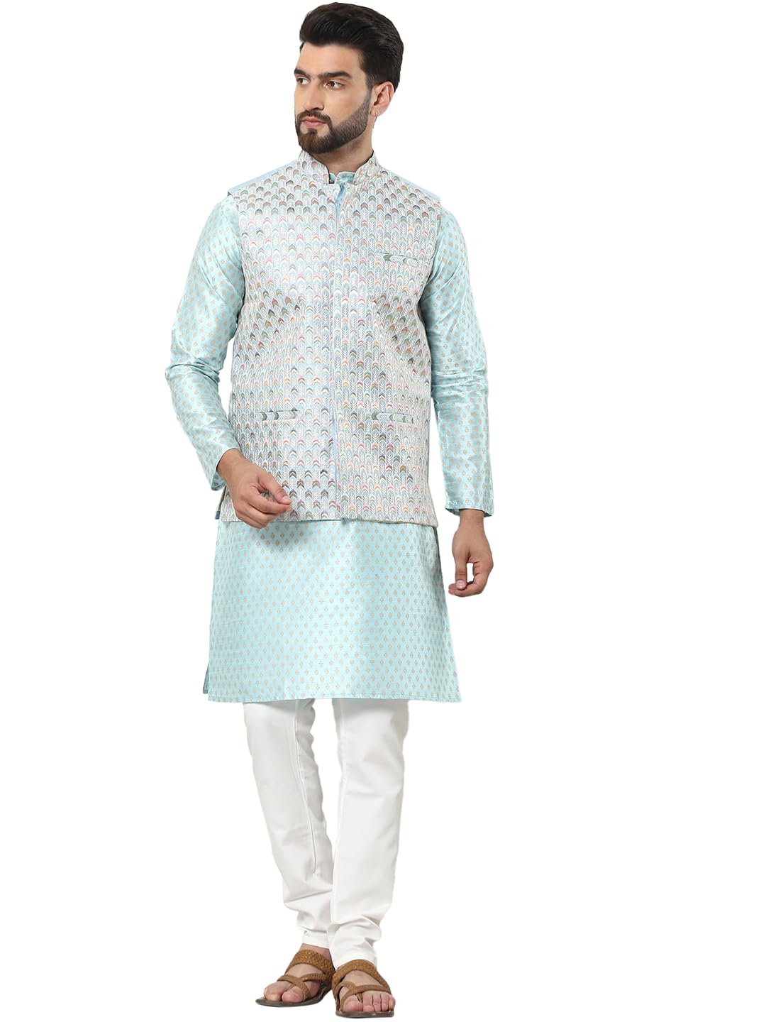 sojanya (Since 1958 Men's Silk Blend Printed Kurta and Cream Pyjama with Designer Nehru Jacket-picture-26