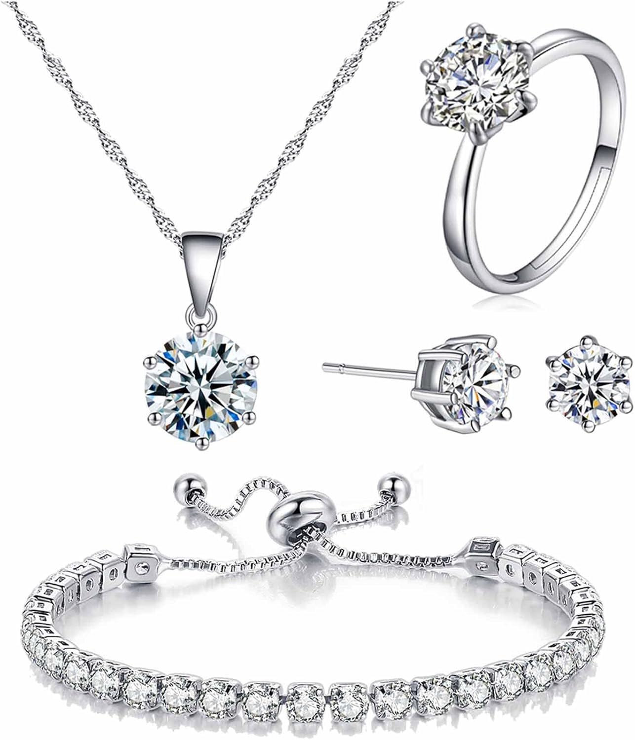 4pcs Set Zirconia Pendant Necklace Earrings Ring Bangle Set Silver Crystal Fashion Adjustable Zircon Jewelry for Women Teen Girls Wife Party Prom Engagement Wedding Gifts