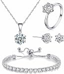 4pcs Set Zirconia Pendentif Collier Boucles d'oreilles Bangle Bague Argent cristal Mode Ajustable Bijoux pour femmes Adolescents Filles Femme Party Promo Cadeaux de fiançailles