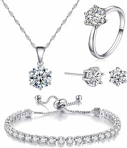 4pcs Set Zirconia Pendant Necklace Earrings Ring Bangle Set Silver Crystal Fashion Adjustable Jewelry for Women Teen Girls Wife Party Prom Engagement Gifts