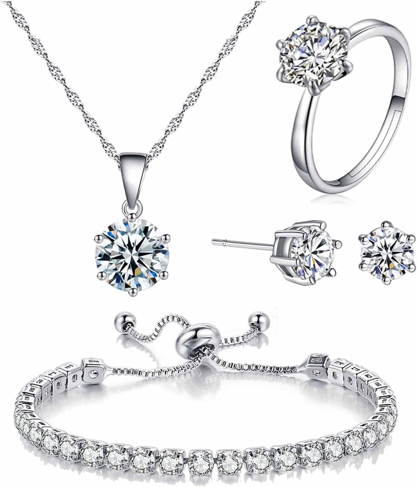 kai bao citykai bao city 4pcs Set Zirconia Pendant Necklace Earrings Ring Bangle Set Silver Crystal Fashion Adjustable Zircon Jewelry for Women Teen Girls Wife Party Prom Engagement Wedding Gifts