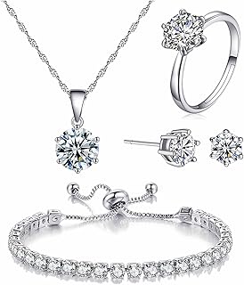 4pcs Set Zirconia Pendant Necklace Earrings Ring Bangle Set Silver Crystal Fashion Adjustable Zircon Jewelry for Women Wife Party Prom Engagement Wedding Gifts