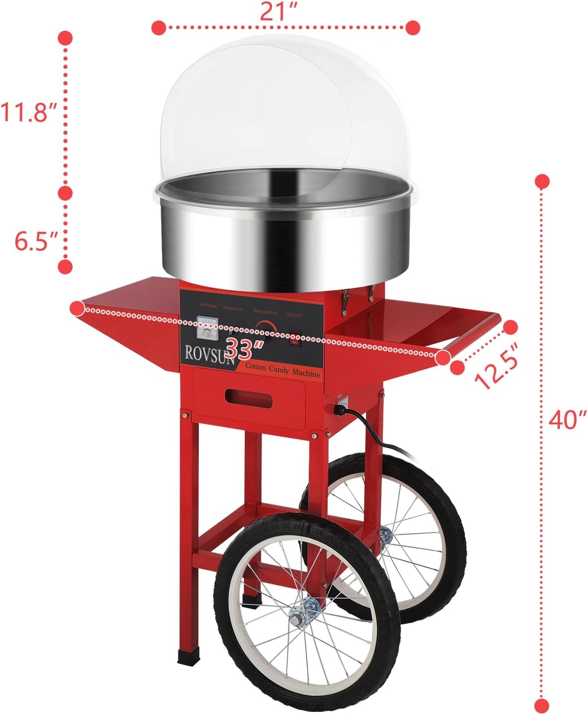ROVSUN 21 Inch Cotton Candy Machine Cart, Electric Cotton Candy Maker Candy Floss Machine w/Cover, Stainless Steel Bowl, Sugar Scoop and Large Storage Drawer for Commercial Home Party Carnival, Red