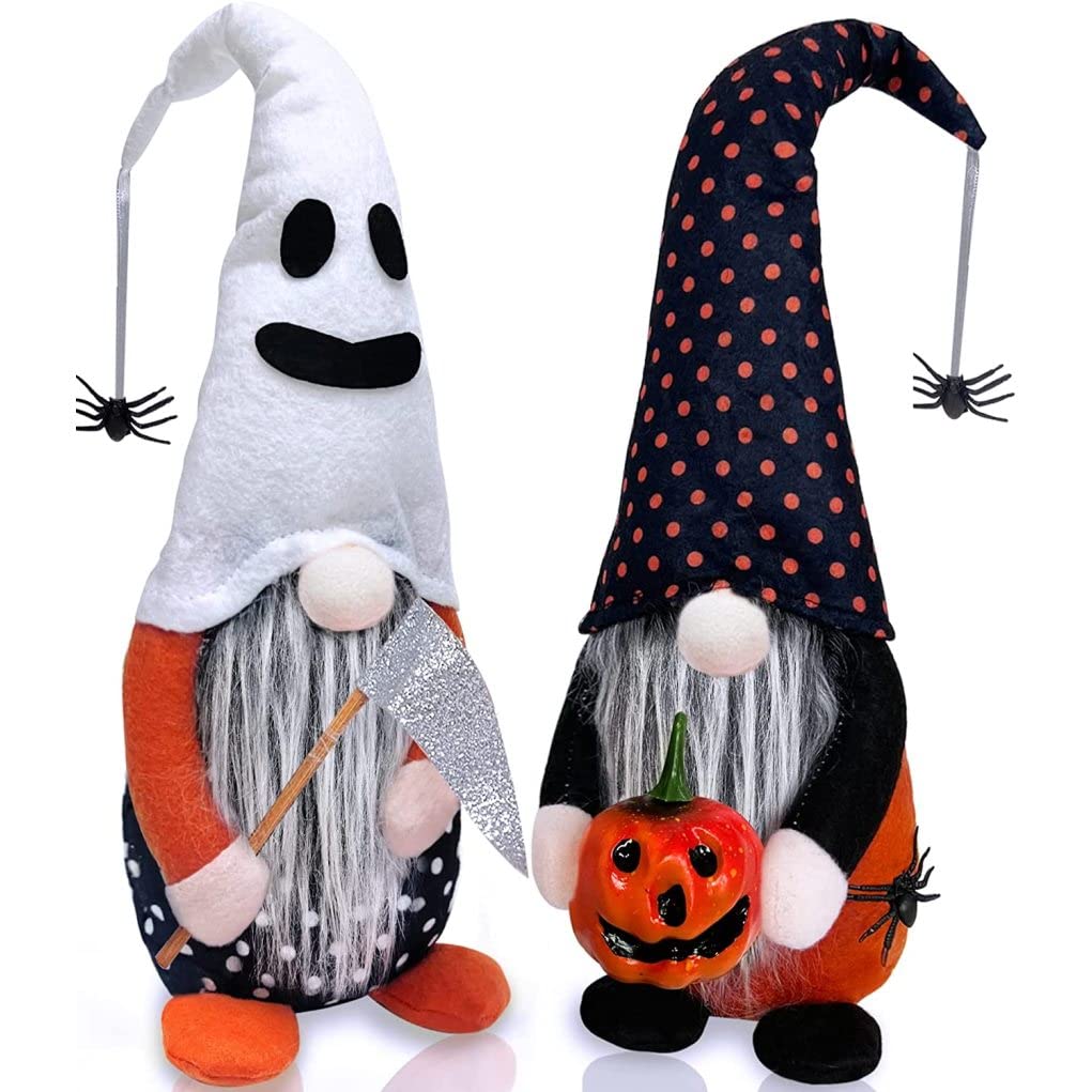 Autumn Gonk Gnomes Plush, 2 Pcs Witch Gnomes Plush Halloween Decorations, Holds Pumpkin Jack-O-Lantern Scythe with Spider Ghost Hat Swedish Tomte Elf Doll Halloween Decor