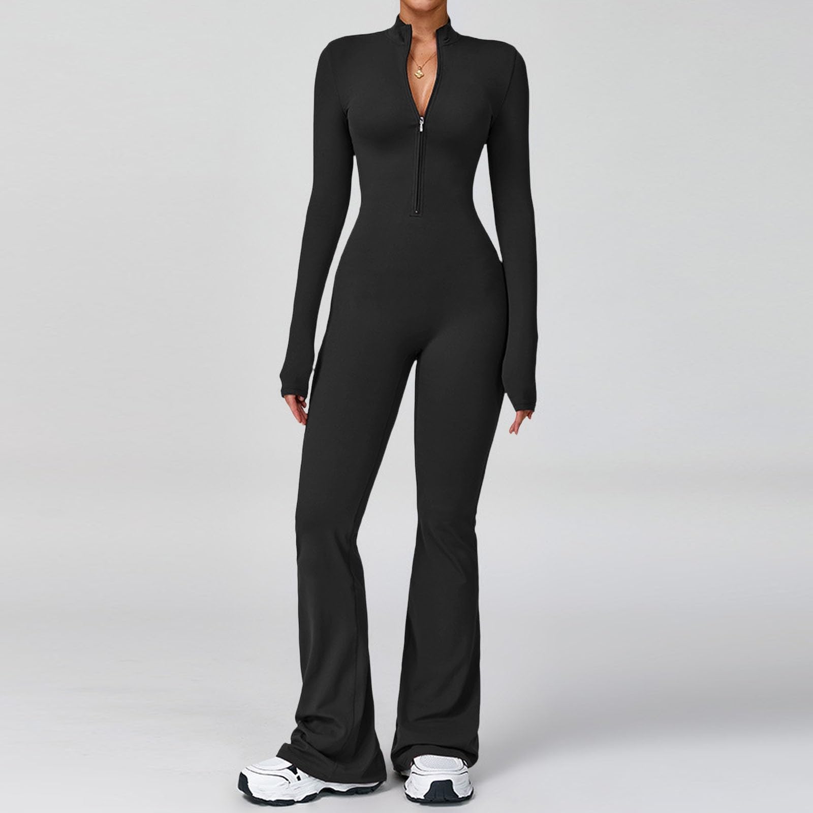 Combinaison à manches longues avec jupe évasée et fermeture éclair pour femme, combinaison élégante avec jambes larges, combinaison polyvalente de yoga pour activités sportives, loisirs, catsuit