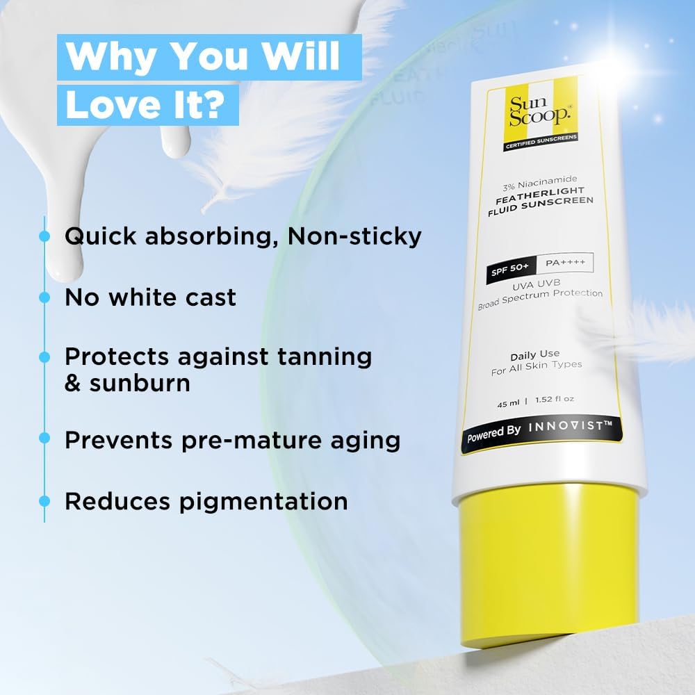 Sun.Sco.op Featherlight Fluid Sunscreen, SPF 50+ PA++++, 3% Niacinamide, Broad Spectrum UVA UVB Protection, All Skin Types, 45ml