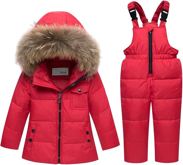 Kids Winter Puffer Jacket and Snow Pants, Ski Suits 2-Piece Snowsuit Ultralight Skisuit Set Hooded Coats and Bib Pants Red 2-3 Years