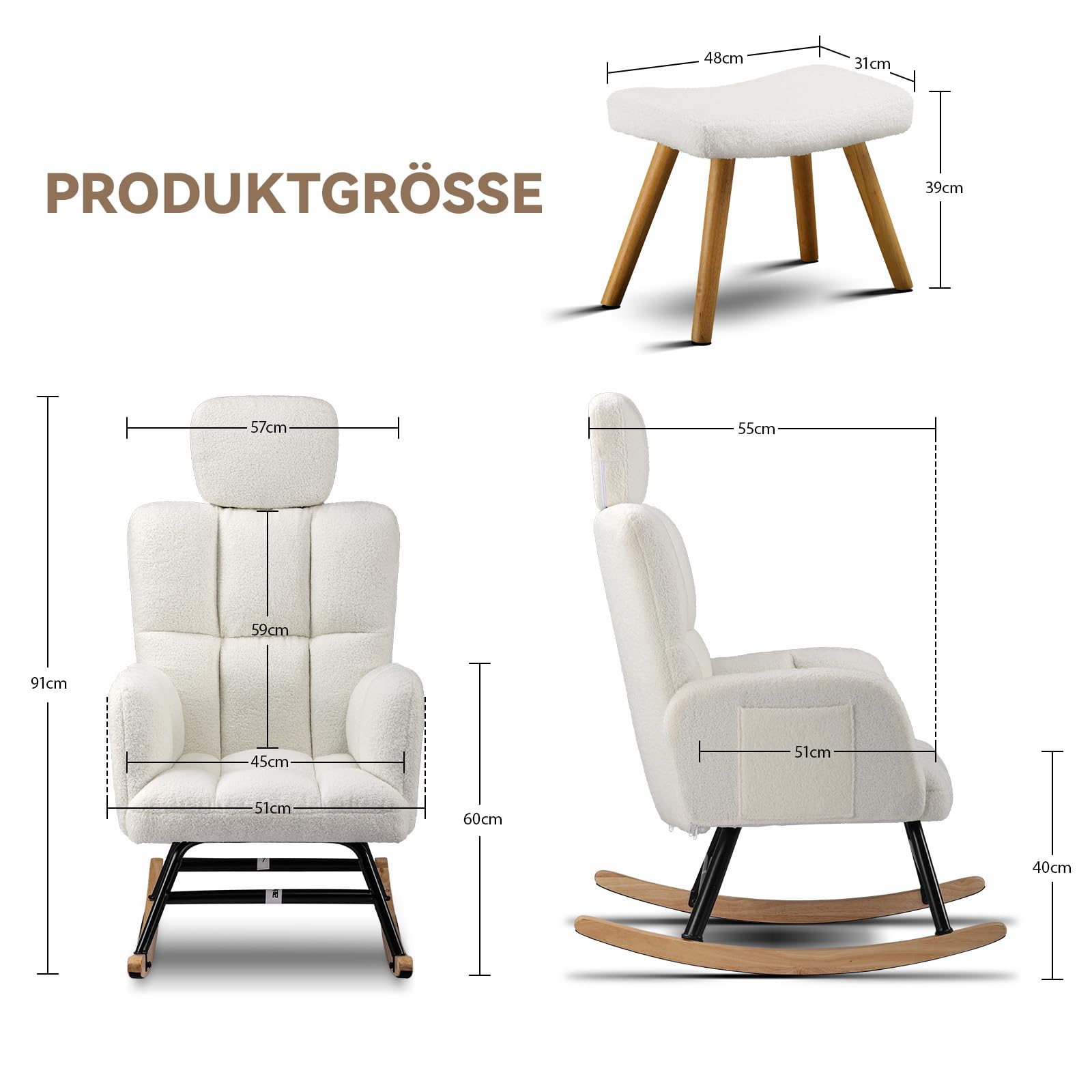 Comhoma Fauteuil à bascule avec tabouret, fauteuil relax en peluche de style oreillette, fauteuil à bascule pouvant supporter jusqu'à 150 kg, chaise longue de jardin pour la chambre à coucher, le