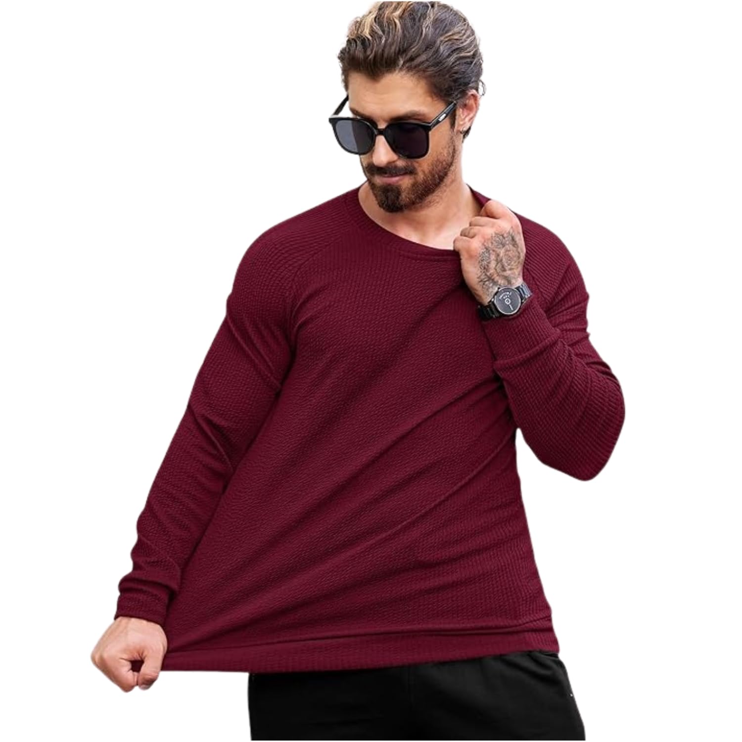 Tokyo Talkies Men Slim Fit Textured T-Shirt, Long Sleeve Crew Neck Casual Stretch Top, Solid Green Fashion Tee for Winter, Autumn, Gym, Outdoor Use(Full_Sleeve_Popcorn) in green