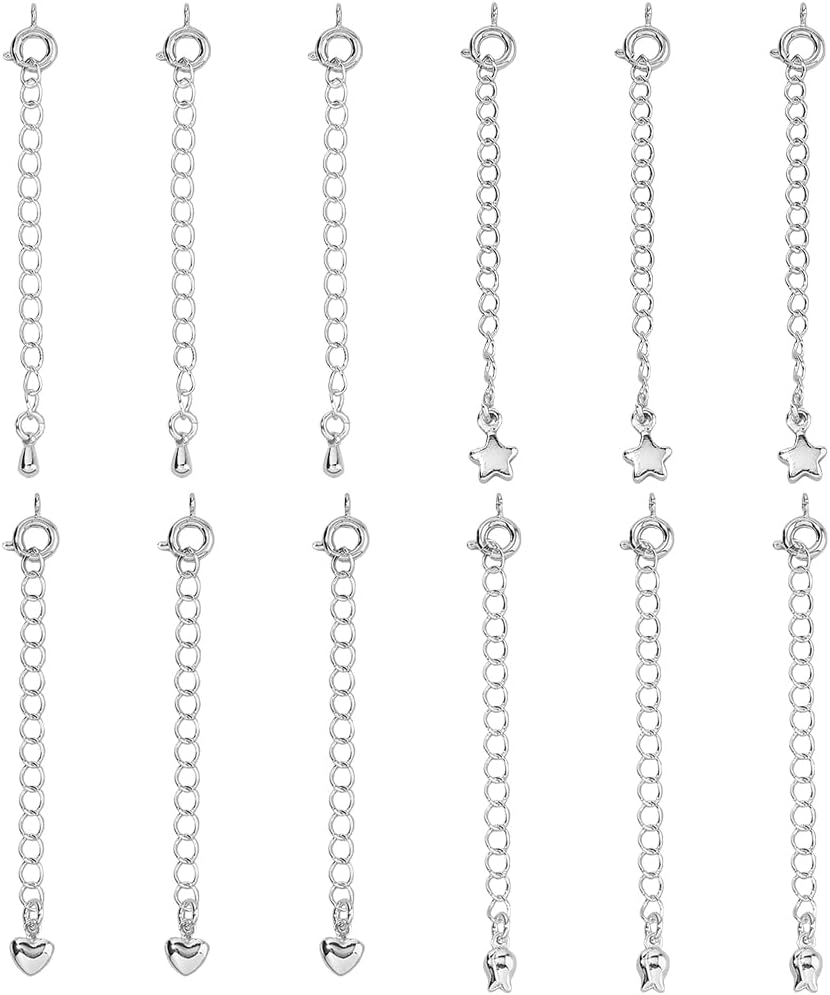 12Pcs Chain Extender 4 Styles Platinum Jewelry Chain Extension Set End Chains with Spring Clasps and Star Teardrop Flower Heart Charm for Bracelet Jewelry Making