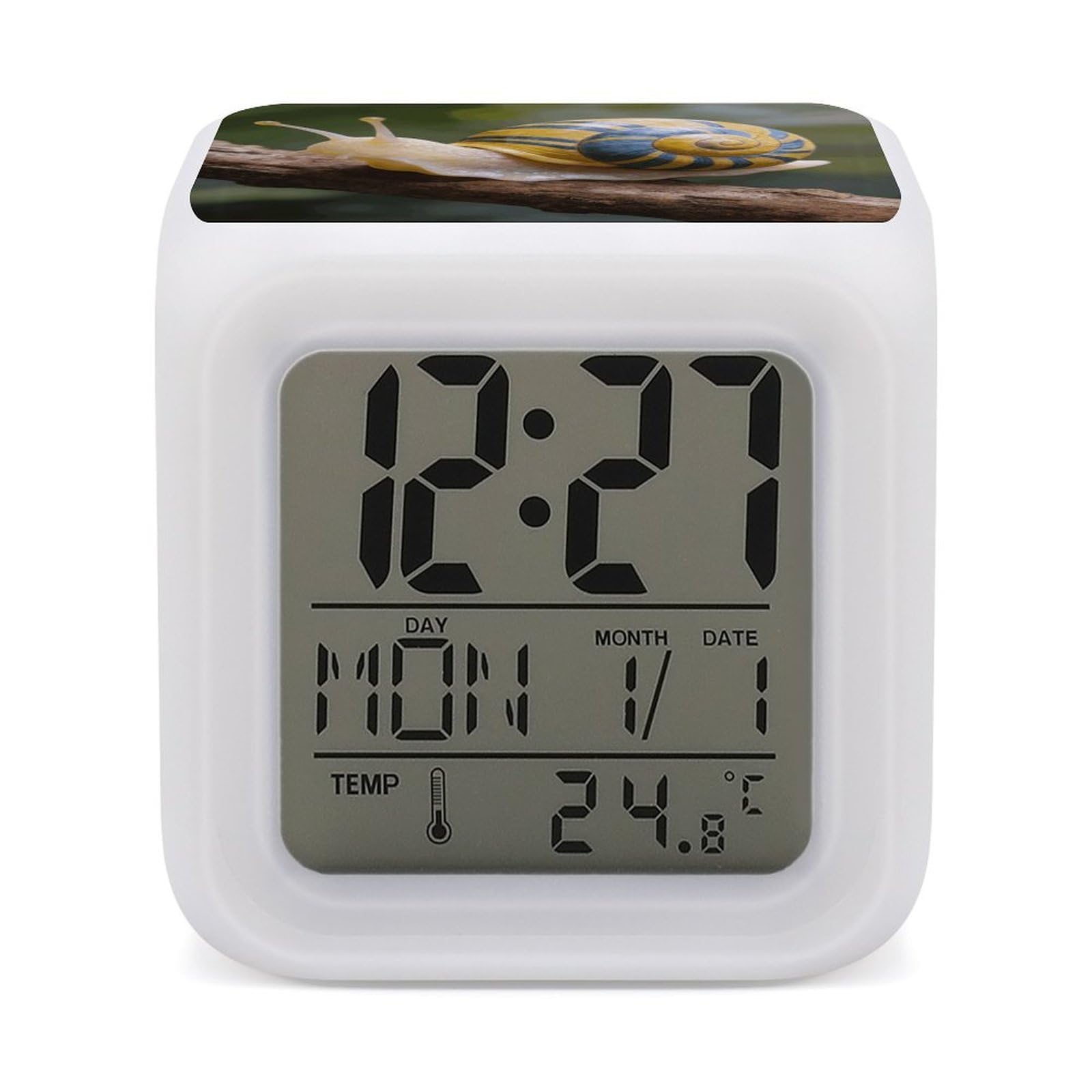LZQPOEAS Snail Alarm Clock with 7 Color Changing Nightlight for Bedroom Calendar Temperature Display Wake Up Digital Clock Small Desk Clocks for Heavy Sleepers Adults