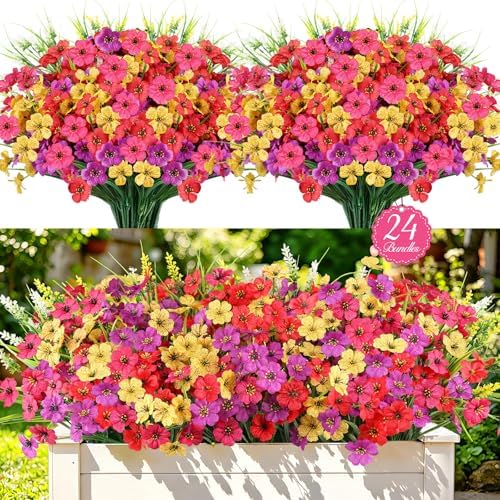 AmberFun 24 Bundles Realistic Fake Flowers for Outdoors, No Fade Faux Silk Flowers & Artificial Plants Lavender, for Garden P