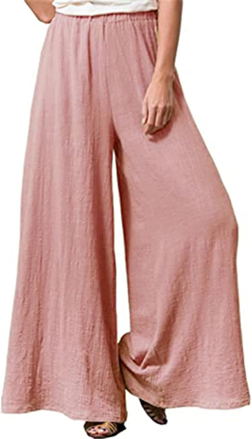 Womens Linen Pants High Elastic Waist Wide Leg Flowy Trousers Plus Size with Pockets Pink 3XL