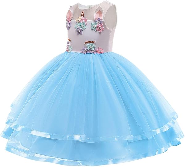 URAQT Disfraz Unicornio Niña, 3pcs Vestido Princesa con Diadema y Collar para Diario, Cosplay, Halloween, Carnaval, Fiesta, Boda, Cumpleaños - 3