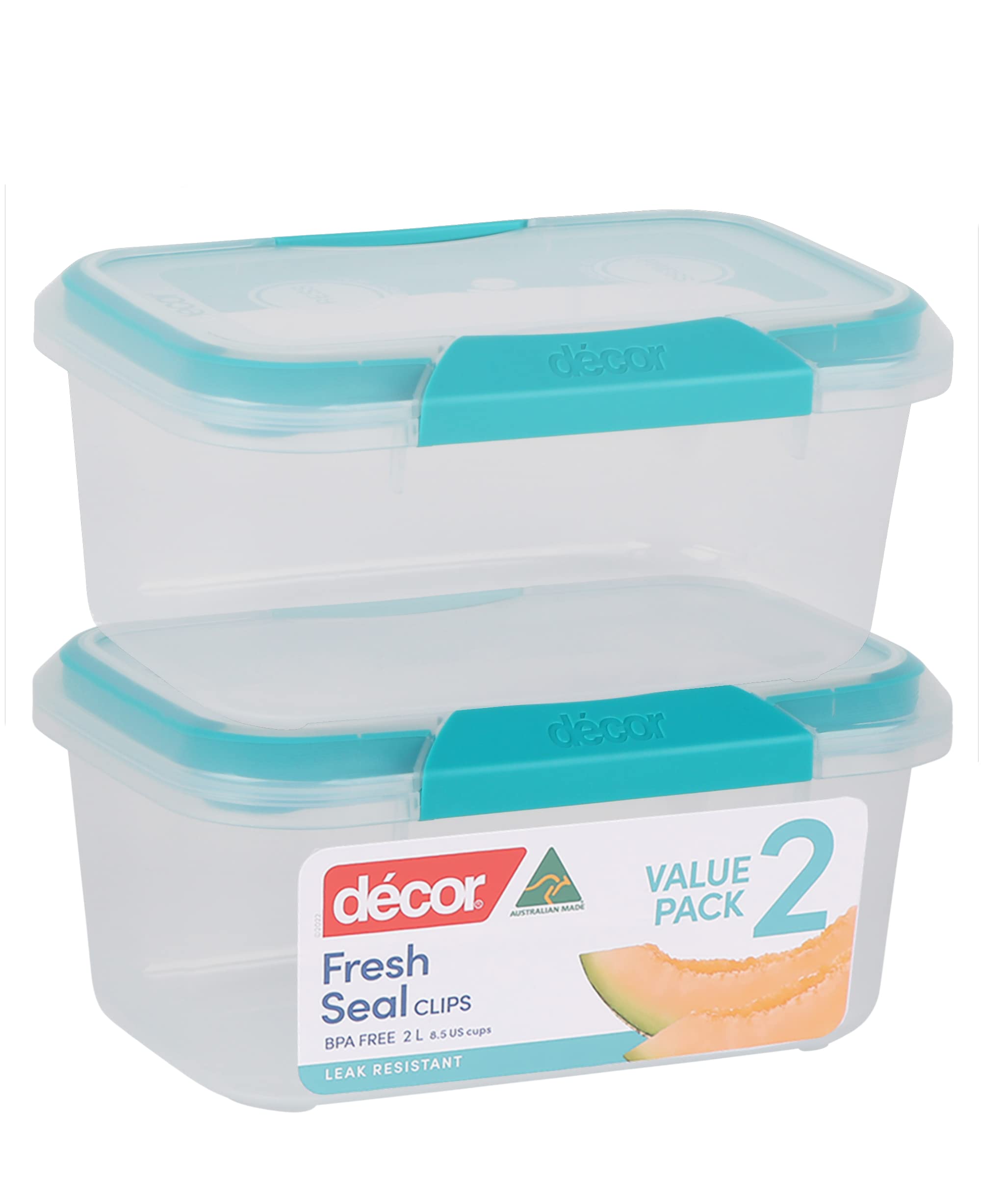 Décor Large Food Storage Containers | 2 Pack - 2 x 2L | Reusable Plastic Airtight Food Containers | Fresh Seal Clips | Microwave, Freezer & Dishwasher Safe | 2L Capacity