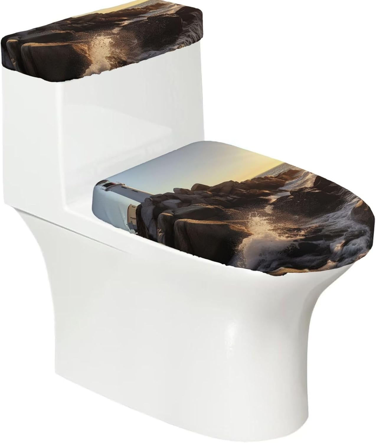 Lighthouse Rocks Seaside Toilet Tank Cover And Toilet Lid Cover Set Stretch Bathroom Toilet Lid Seat Cover