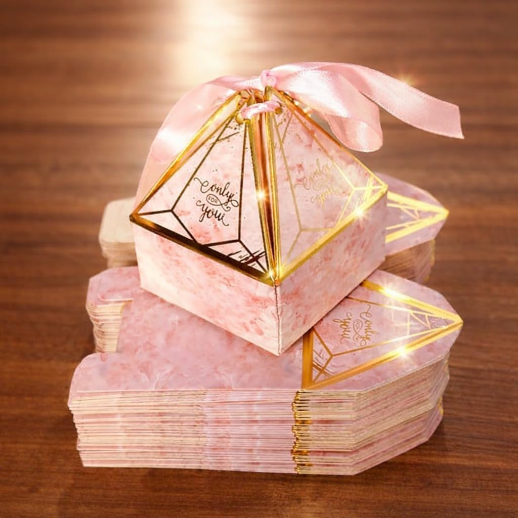 SATYAM KRAFT 20 Pcs Small Diamond Shape Paper Folding Gift Boxes with Ribbon | Premium Return Gift Boxes for Wedding, Birthday, Engagement, Baby Shower, Chocolate & Dry Fruit Packaging (Pink)
