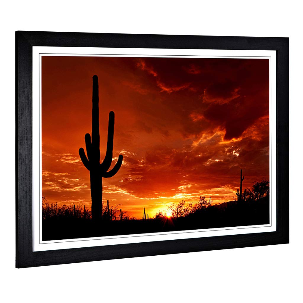 Big Box Art Framed Print of Landscape Saguaro Orange Sunset Design | Wall Art Picture | Home Decor for Kitchen, Living Room, Bedroom, Hallway, Black, A2 / 24.5x18 Inch / 62x45cm