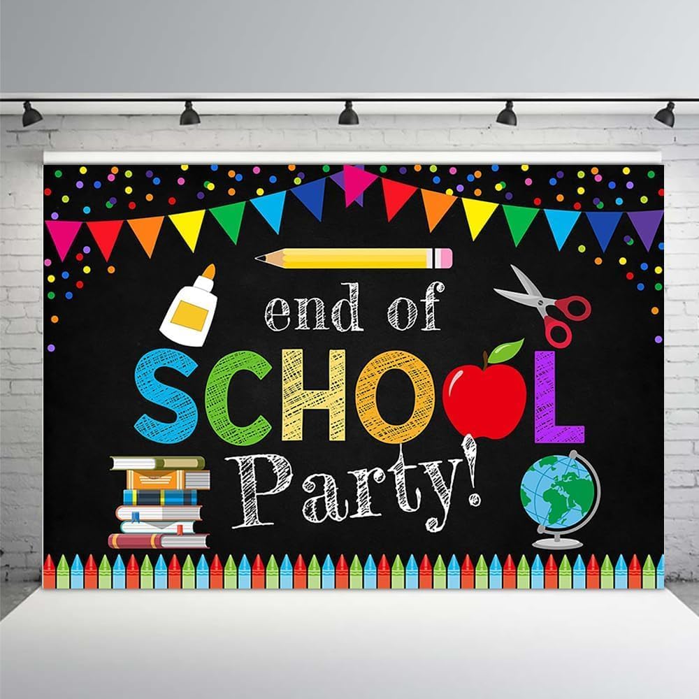 MEHOFOND End of School Party Photo Studio Booth Backdrops Props Colorful Pens Books Confetti Classroom Teacher Graduation Bash Decoration Backgrounds Banner for Photography 10x7ft