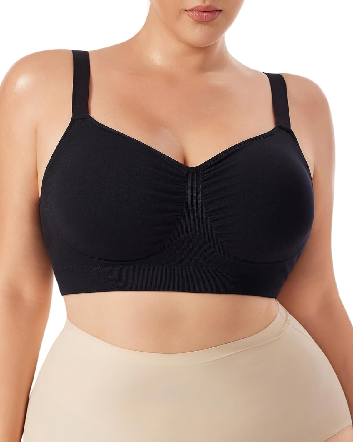 Wireless Seamless Bra for Women, Ribbed Longline V-Neck Comfort Lift, Adjustable Straps, Back-Smoothing