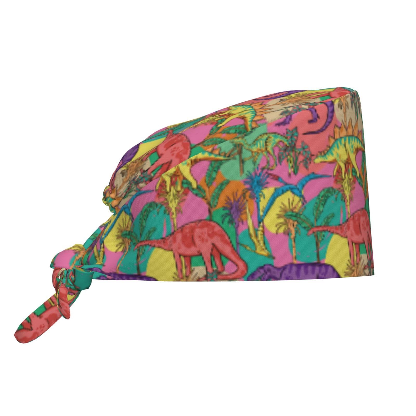 Kuilepa Colorful Dinosaur Print Working Caps With Sweatband Adjustable Working Hats Elastic Scrub Hats Nurse Scrub Cap Nurse Hats