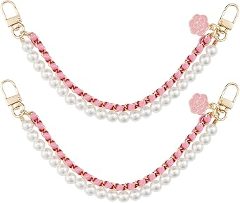 2Pcs Pearl Purse Chain Extender PU Leather Double Purse Strap with Flower Charms Short Handbag Straps Replacement Bag Chain