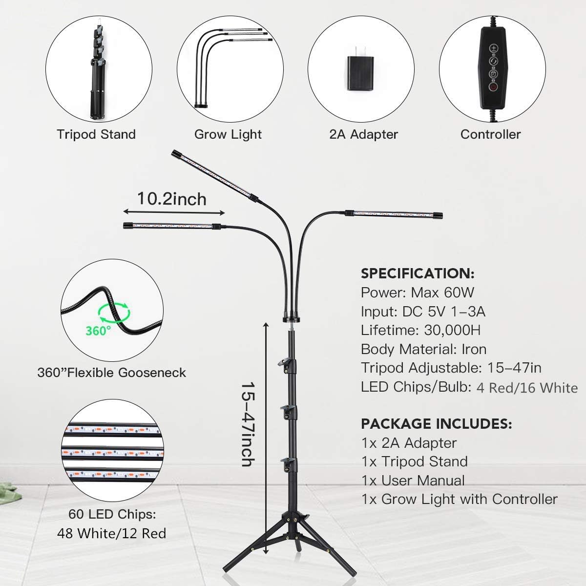 Diagram showing the 5500K full spectrum light with 12 deep red LEDs (620-660nm) and 48 white LEDs (5500K) for indoor plants.