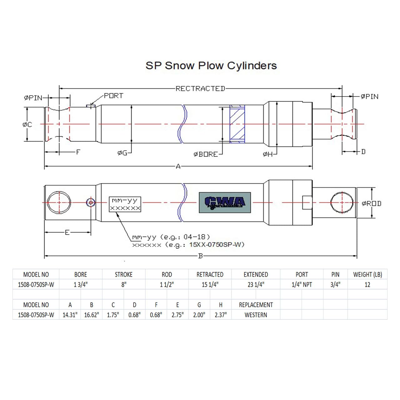 SP Snow Plow Cylinder 1 1/2" Rod x 8" Stroke x 1 3/4" Bore x 15 1/4" Retracted x 3/4" Pin x 1/4" NPT Port in Line for Western Snowplows
