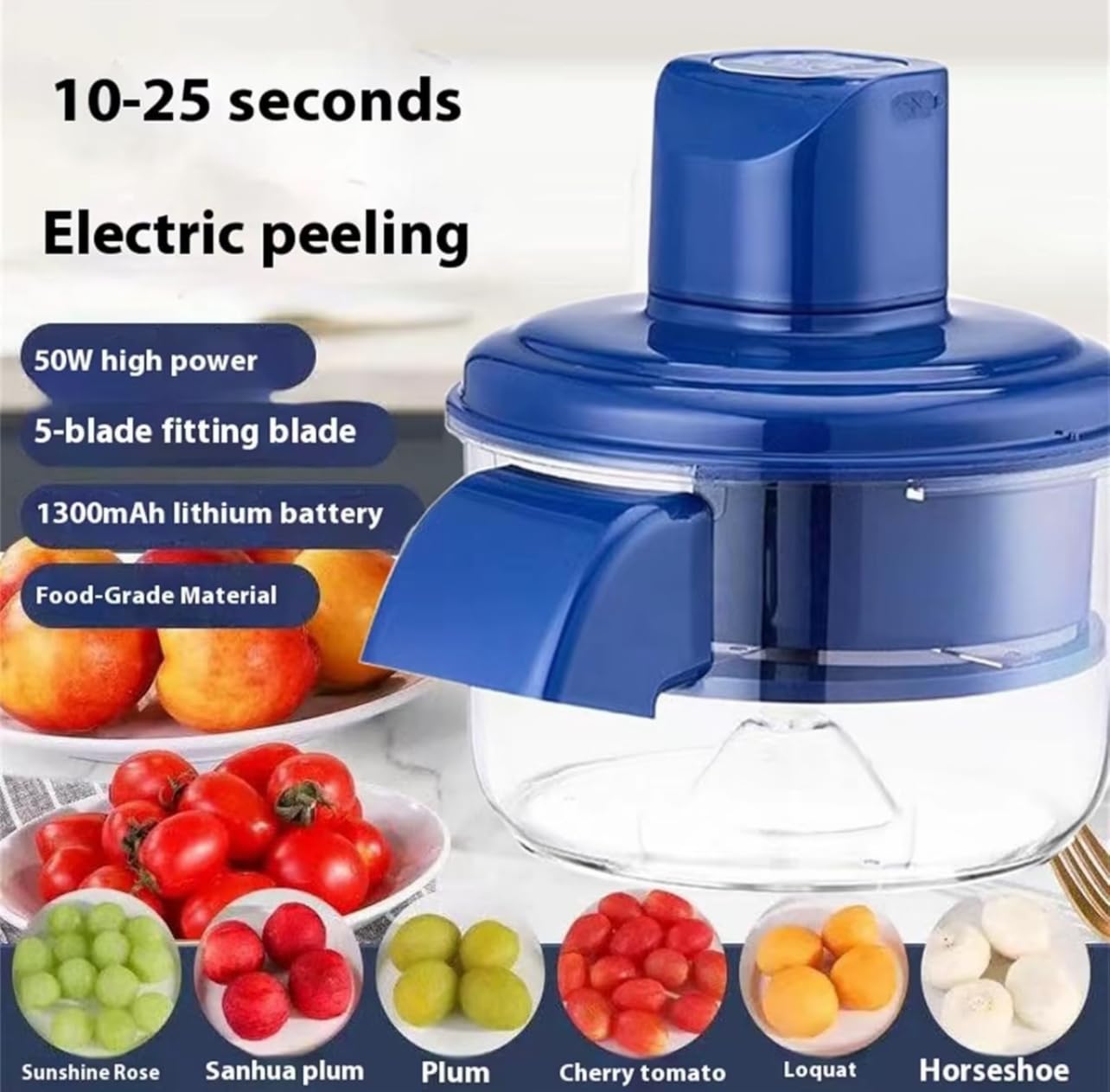 Sbucciatore Elettrico Automatico per Frutta e Verdura, Pelapatate con 5 Lame in Acciaio Inox, 50W, Ricaricabile, Blu, 10-25 Secondi