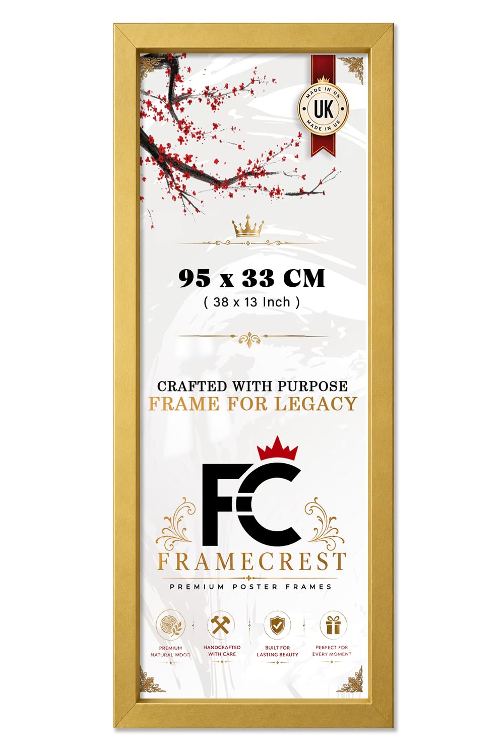 FRAMECREST LTD Elegant Panoramic Poster Frame 33 X 95 CM (38 X 13 INCH) Wall Mounted Picture Display Solid Engineered Wood With Hooks Minimalist Gallery Wall For Living Room - [Gold]