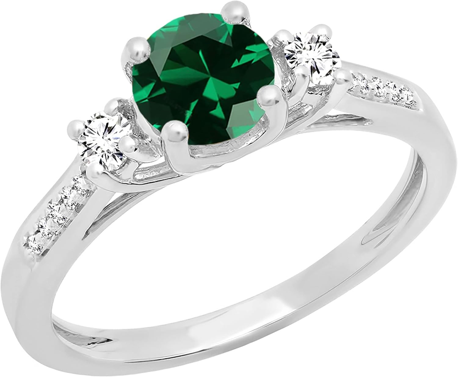 Dazzlingrock Collection 5mm Center Round Lab Created Gemstone & Side White Sapphire with Accent Natural White Diamond 3 Stone Engagement Ring for Her in Real Solid Gold