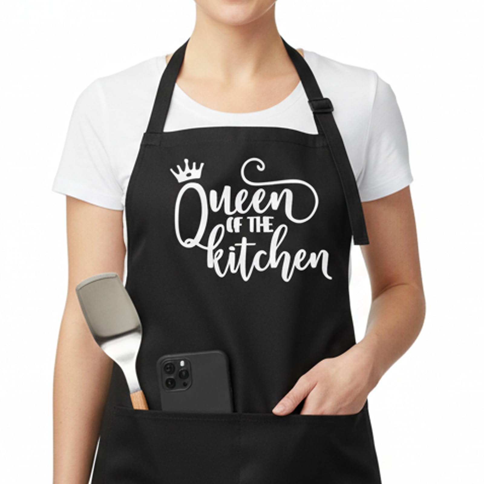 WaaRiuQ 1 Aprons for Women, Cooking Aprons for Women with Two Large Pockets, Personalised Apron, Black Apron for Cooking, Baking, BBQ and Serving, Womens Apron