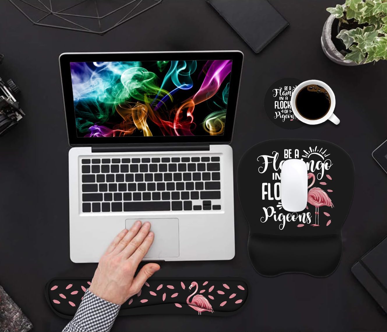 Mouse Pad Wrist Support and Keyboard Wrist Rest Set with Coasters, Inspirational Quote Be a Flamingo in a Flock Pigeons with Non-Slip PU Base Ergonomic Mousepad for Computer Laptop Home Office