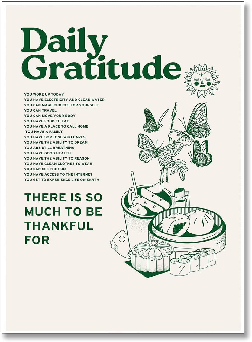 Vintage Green Positive Quotes Daily Gratitude Posters for Room Aesthetic Cute Sunflower Butterfly Food Canvas Wall Art Painting Retro Wall Decor Pictures for Kitchen Dining Room 12x16in Unframed : Office Products